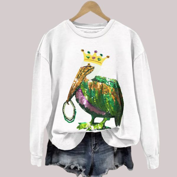 Retro Mardi Gras Pelican Crown And Beads Print Sweatshirt