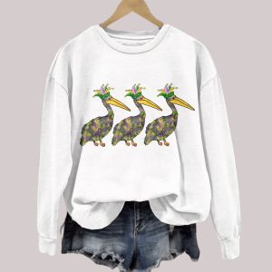 Retro Mardi Gras Pelican Crown Purple Green And Gold Print Sweatshirt