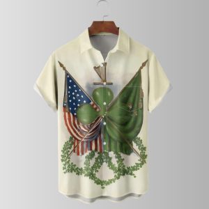 St Patricks Day Four Leaf Clover American Flag Hawaiian Shirt