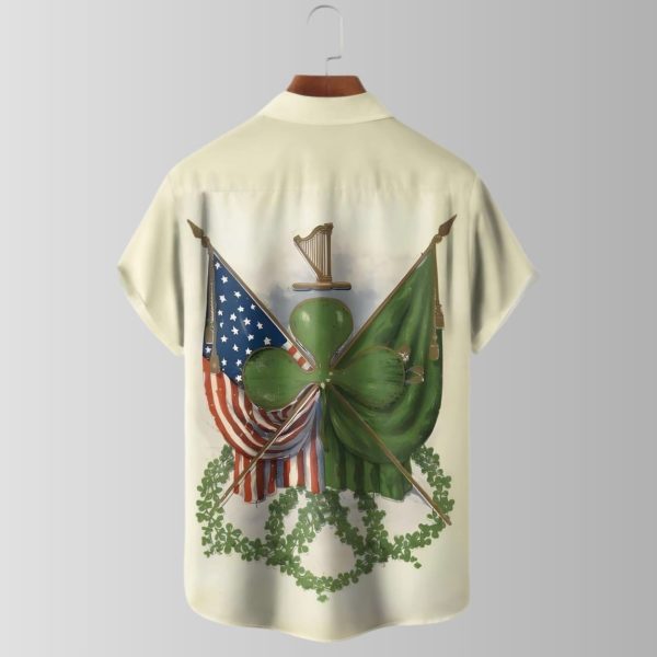 St Patricks Day Four Leaf Clover American Flag Hawaiian Shirt