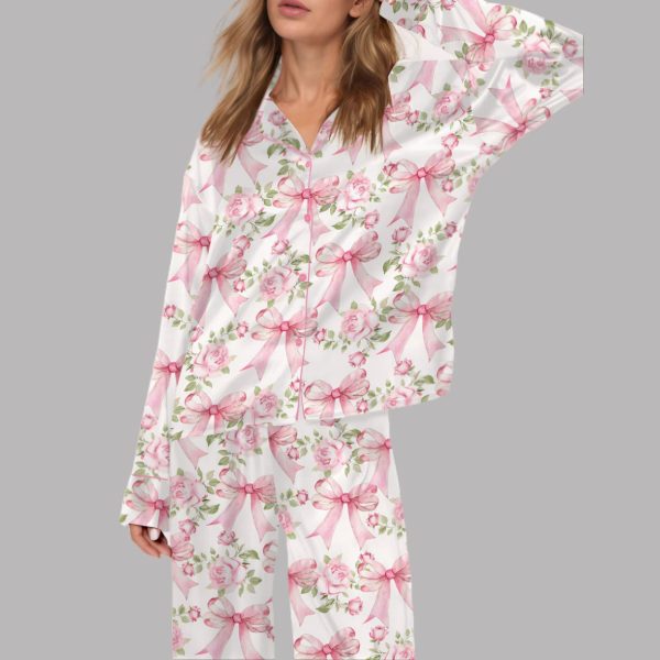 Trendy Pink Coquette Bow Floral Satin Pajama Set