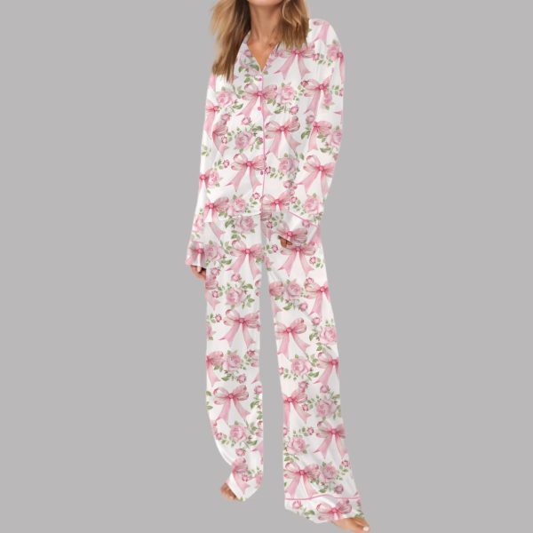 Trendy Pink Coquette Bow Floral Satin Pajama Set