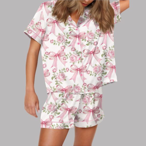 Trendy Pink Coquette Bow Floral Satin Pajama Set