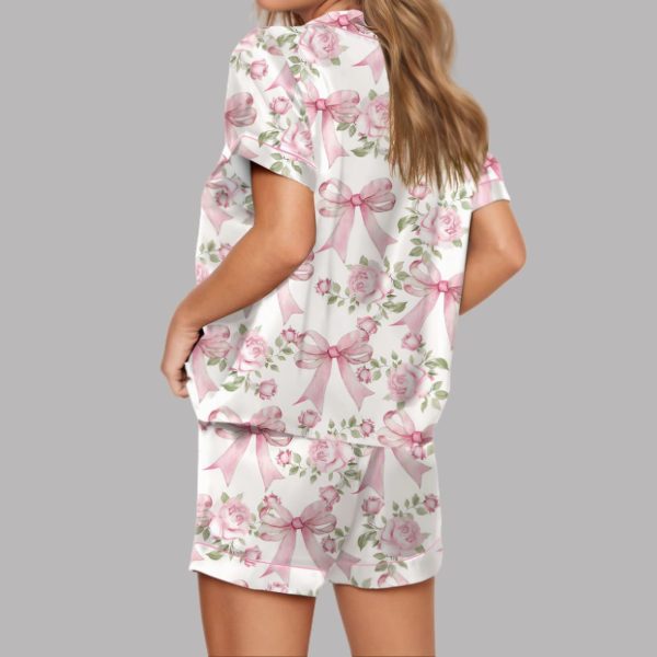 Trendy Pink Coquette Bow Floral Satin Pajama Set