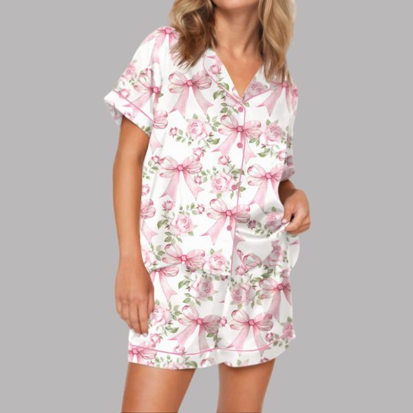 Trendy Pink Coquette Bow Floral Satin Pajama Set